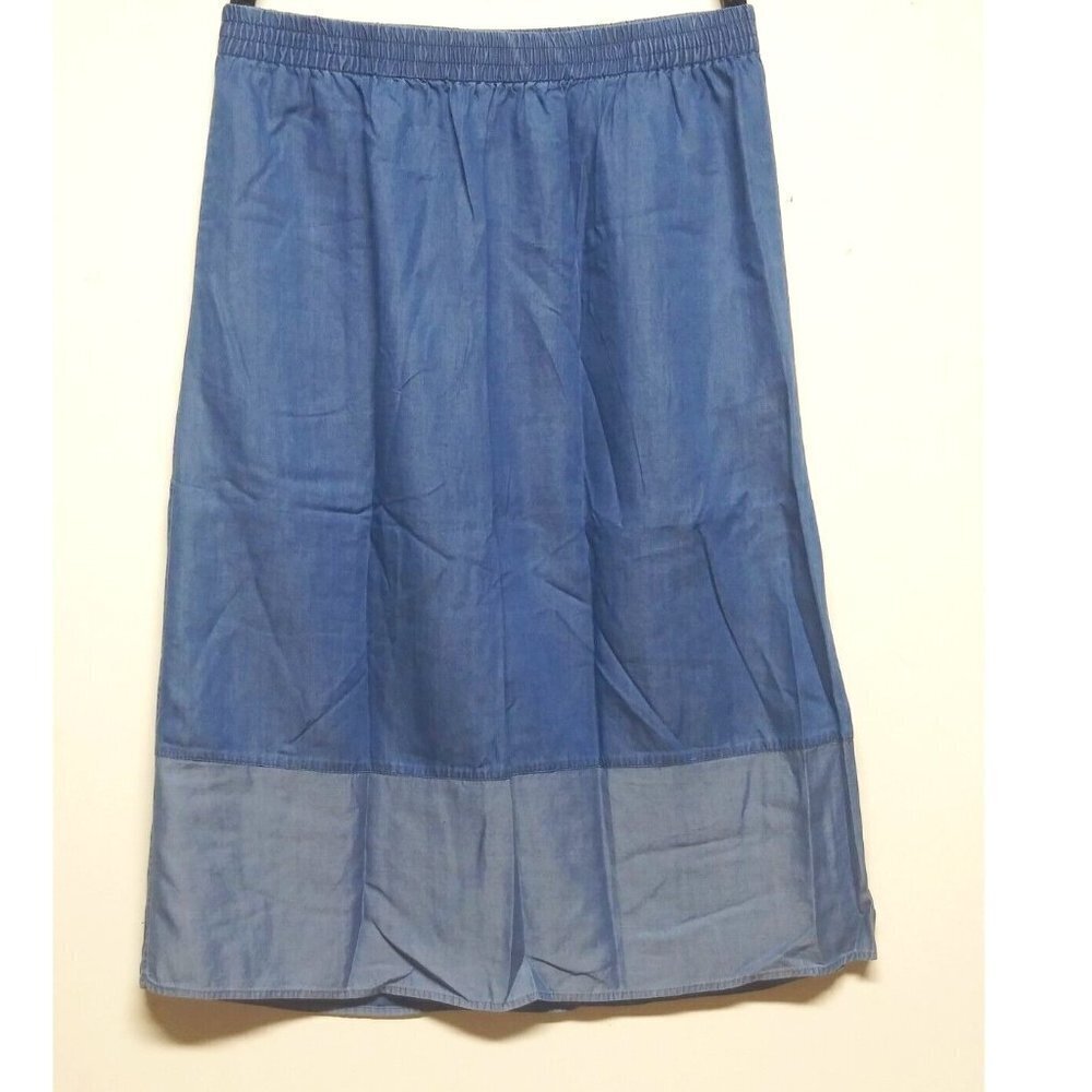 Women's Midi Skirt elastic waist 32" Two-tone Denim Chambray Pockets Ruby Red